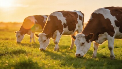 Obraz premium Cows grazing peacefully on green pasture at sunset representing sustainable agriculture,rural lifestyle,organic farming and natural food production concepts