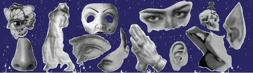 Surreal Grayscale Collage Featuring Heart Mask, Eyes, Skull, Statue, Mouth, Hands, and Ears on Dark Blue Starry Background