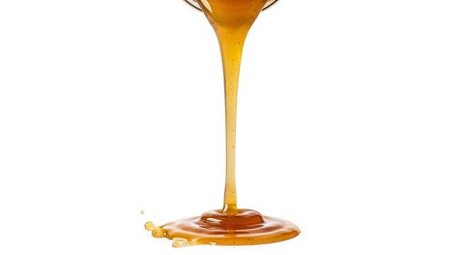 Golden syrup pours creating a glistening puddle against a bright white backdrop
