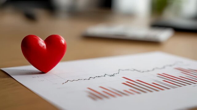 Heart symbol beside financial growth chart on desk, wellbeing and financial health connection, positive money mindset concept in office workspace
