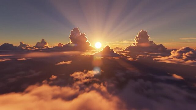 Golden sun shines brightly above f clouds with radiant light beams.