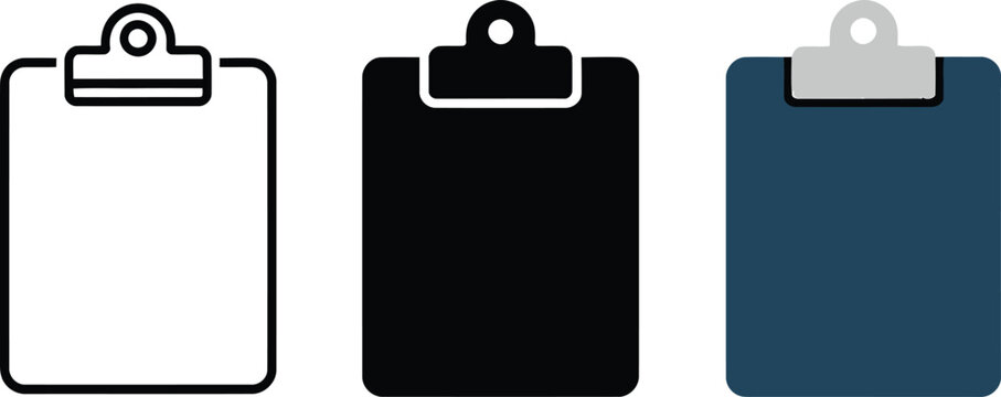 Three different clipboard icons representing various styles for graphic design and data entry concepts