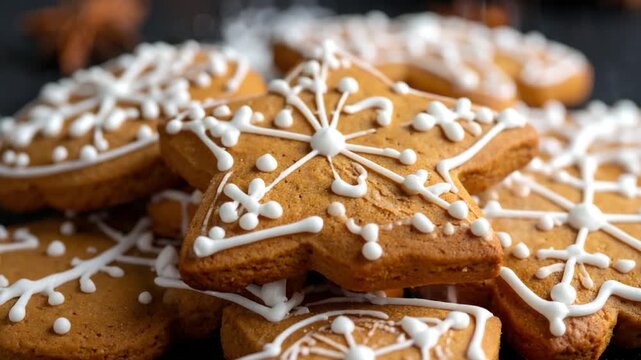 Close-up of star-shaped cookies with white icing details, in a close-up shot