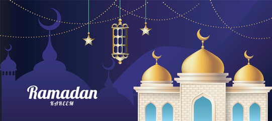 Ramadan kareem greeting with mosque golden domes crescent moons stars on blue background © Dot Spring