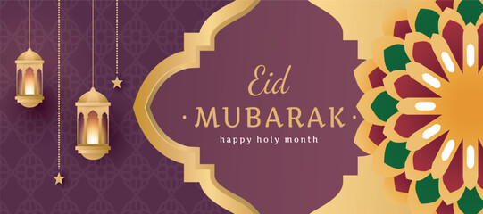 Happy holy month eid mubarak with lanterns and islamic pattern © Dot Spring