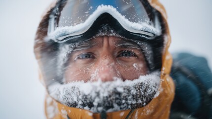 Close up portrait of male hiker face covered in frost and snow during blizzard.