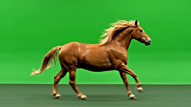 Brown horse galloping on green screen animal equine movement isolated