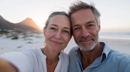 Happy middle-aged couple taking a selfie together at the beach during sunset.