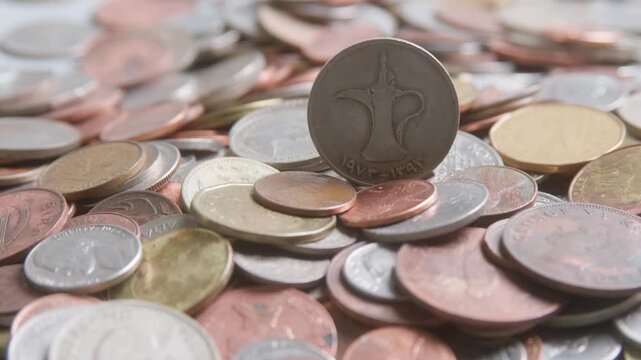 Assorted international coins from various countries and denominations, different sizes, values, colours. United Arab Emirates dirham coin central emphasis. Slow camera movement, extreme close up.