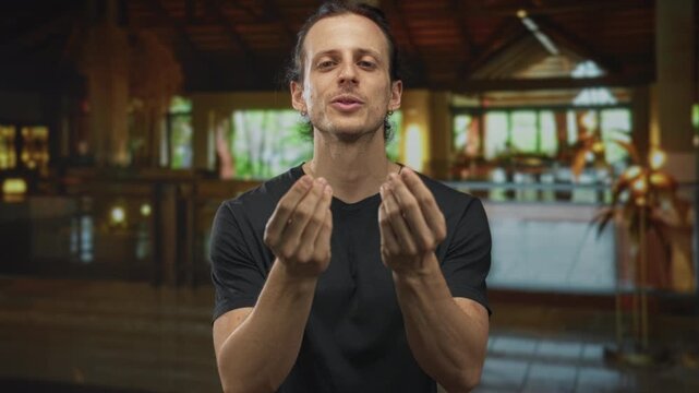 Man with palms up pleading in hotel lobby by reception desk and brass lamp, gesturing with open hands; calm explanation.