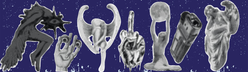 Surreal Grayscale Fantasy Collage Featuring Abstract Creature Figures on Dark Blue Starry Background