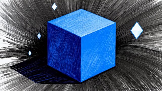 Blue textured cube with white diamond patterns on line background