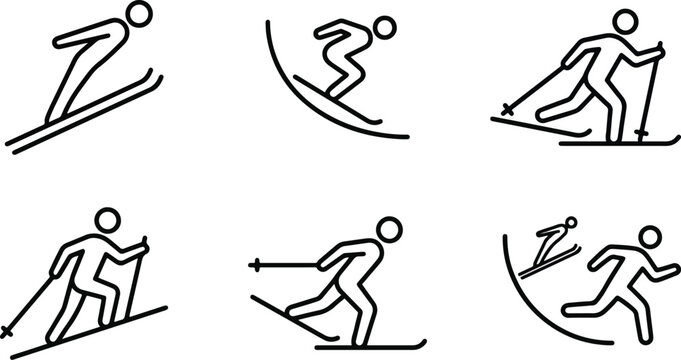 Winter sports line icons set. Vector collection of skiing, snowboarding, ski jumping, and cross country symbols. Minimalist outline pictograms for design.