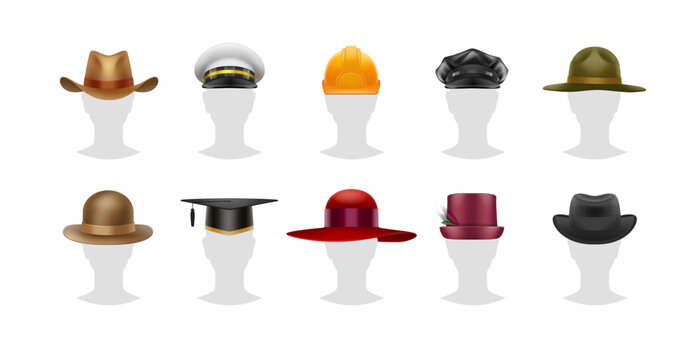 Set of realistic vector hats and caps isolated on white background