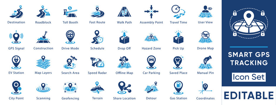 Smart GPS tracking and navigation solid icon set. Vector collection including geofencing, EV station, drone map, detour, speed radar, hazard zone and location symbols.