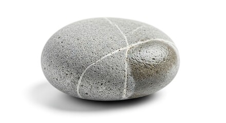 Round grey rock with white lines sits on a white surface with a shadow