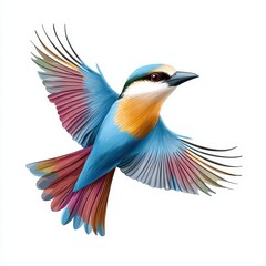 Obraz premium Colorful Bird in Detailed Flight Illustration with Blue Orange and Purple Plumage Against White Background