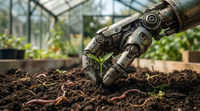 Rugged Robotic Hand Planting Sprout in Soil with Earthworms, Regenerative Agriculture and Soil Health Automation Concept
