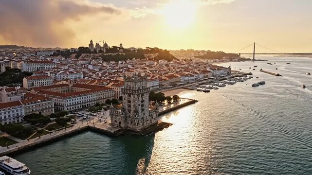 Aerial View of Lisbons Belem Tower and Waterfront at Sunset.