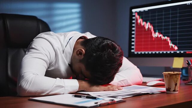Frustrated businessman overwhelmed by financial market crash and losses.