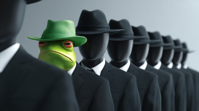 A business frog stands out among a crowd of suited figures, a unique branding concept on diversity and innovation.