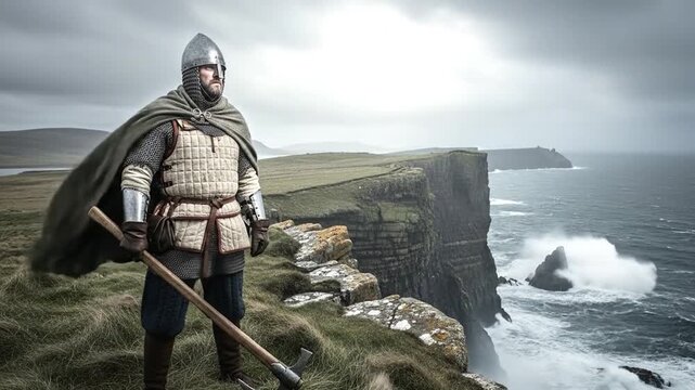 Gallowglass Warrior Standing on Coastal Cliff