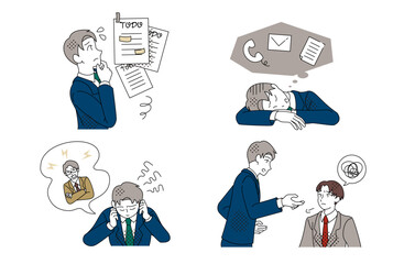 Overworked Businessman Facing Tasks and Communication Problems Illustration Set