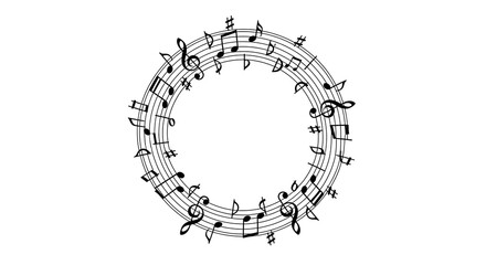 Round musical notation frame with treble clef and black notes