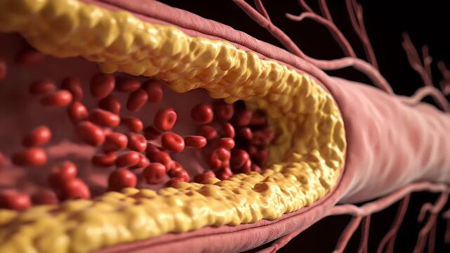 Narrowed Artery with Blood Cells and Fatty Plaque Deposit Illustration for Educational Medical Visualization