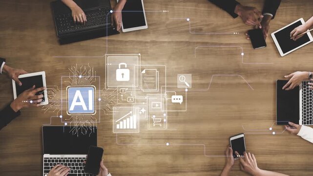 Collaborative Workspace Featuring Technology and Artificial Intelligence Integration with Multiple Devices on a Wooden Table Gluon.