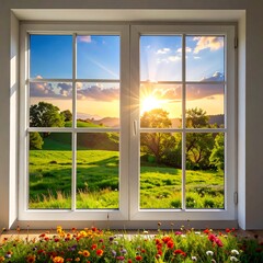 A serene landscape viewed through a white-framed window