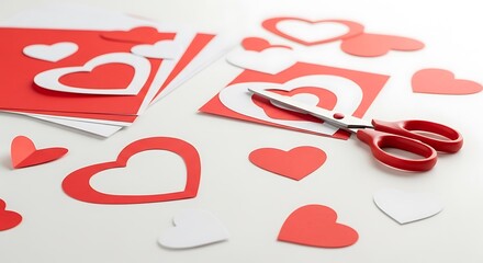 Scissors cutting red heart shapes from decorative paper with scattered pieces.