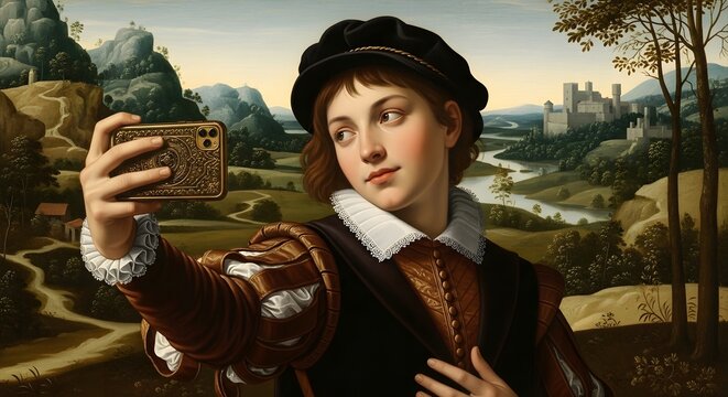 Renaissance portrait of a person taking a selfie against a landscape backdrop