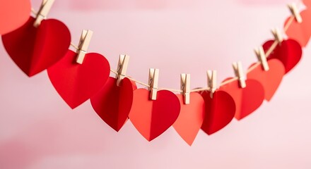 A charming display of red paper hearts connected by clothespins on a soft pink background