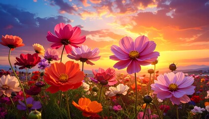 Obraz premium A vibrant summer sunset glows over a blooming meadow field as orange light touches delicate yellow daisies and spring flora under a bright blue sky