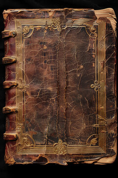 Antique weathered leather bound book with intricate gold patterns on the cover. Vintage literature, history, and ancient knowledge concept.