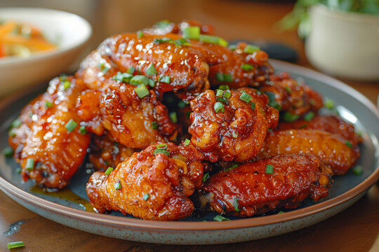 Delicious glazed chicken wings garnished with fresh green onions on a ceramic plate. Mouthwatering food photography for restaurant menus