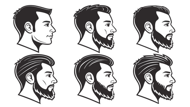 Vector illustration of six men with various trendy hairstyles and beard styles in profile view