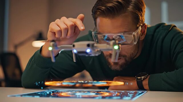 A man in smart glasses intently observes a drone hovering over a digital interface displaying glowing orange graphics. Modern office setting.