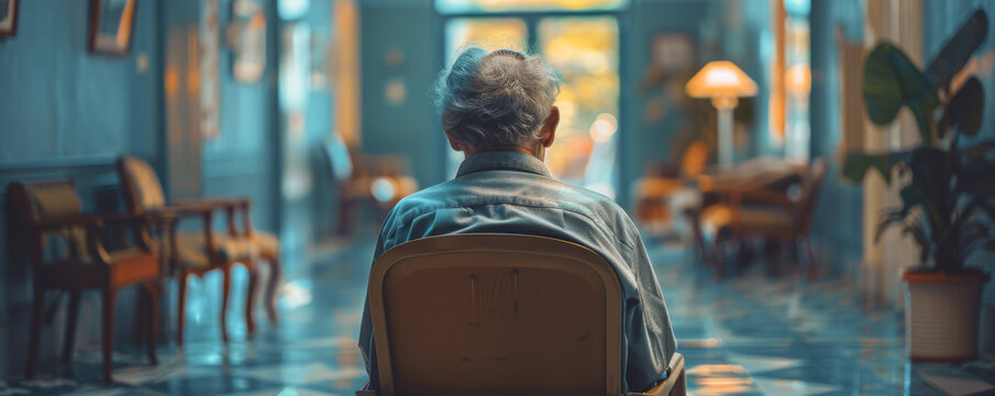 Back view of an elderly man sitting alone in a chair in a long hospital hallway. Loneliness and geriatric healthcare care concept.