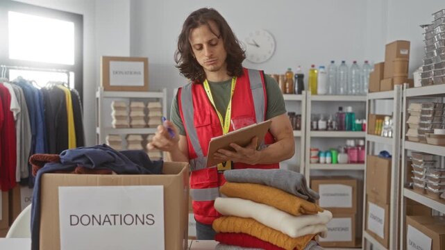 Man writing on clipboard with pen while sorting donated clothes and standing by a donations box in a volunteer building; compassion service.