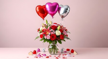 Romantic bouquet with heart-shaped balloons and scattered love notes on pastel background