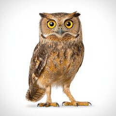 Obraz premium Detailed Full Body Owl with Brown and Yellow Speckled Feathers on White Background