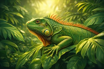 Obraz premium A detailed 3D illustration of an iguana resting among lush jungle leaves. With strong depth with sharp foreground scales and soft blurred background foliage, vibrant green tone, realistic skin texture