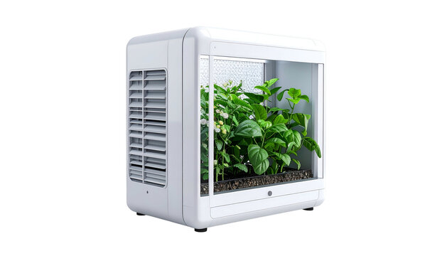 White indoor grow box with plants, ventilation, and a clear viewing panel