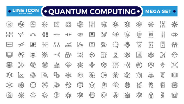 Quantum Computing outline icon set for AI Hardware and Acceleration, Featuring GPU Card, AI Accelerator Chip, Server Rack, CPU, RAM, Motherboard, Data Flow. Editable stroke outline icon.
