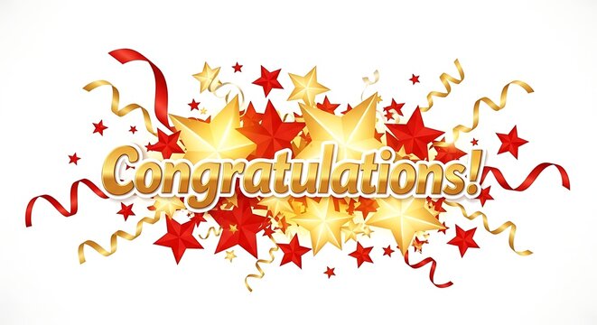 Congratulations with Gold and Red Stars, Ribbons, and Sparkles