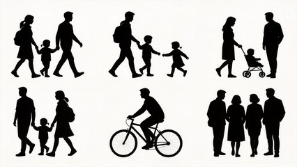 Obraz premium Silhouettes of families and individuals in daily activities,walking cycling and parenting scenes,modern lifestyle illustration expressing relationships,movement and human connection