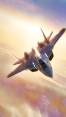 Obraz premium Futuristic combat aircraft illustration showcases modern technology against a vibrant sunset sky backdrop