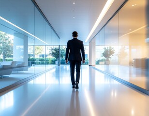 Fototapeta premium Confident businessman walking through modern office hallway with glass walls